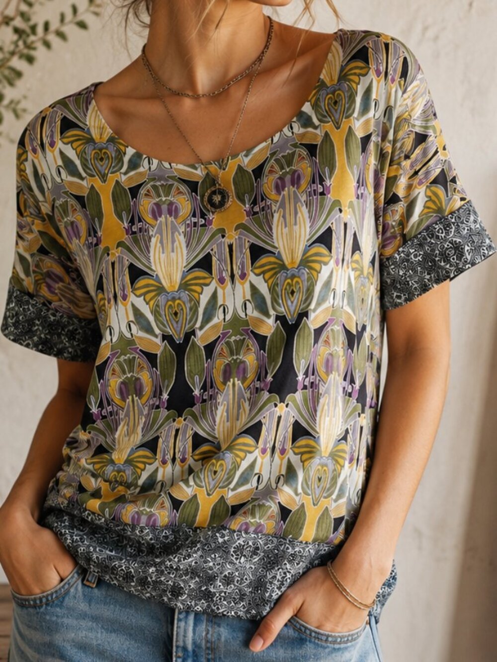 Anthropologie Deletta Floral Geometric Tencel Wool Top XS